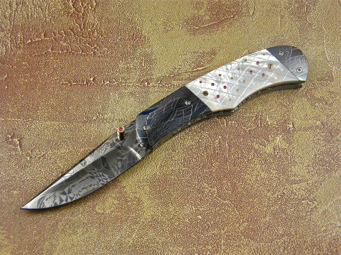Custom Folding-Bolster, Liner Lock, Mosaic Damascus Steel , Chequered Mother Of Pearl Knife made by Jerry Corbit