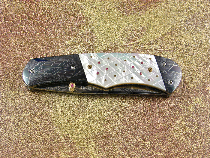 Custom Folding-Bolster, Liner Lock, Mosaic Damascus Steel , Chequered Mother Of Pearl Knife made by Jerry Corbit