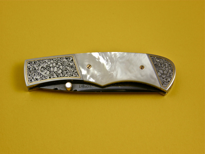 Custom Folding-Bolster, Lock Back, Blued Damascus Steel, Mother Of Pearl Knife made by Jerry Corbit