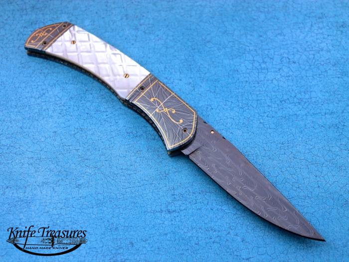 Custom Folding-Bolster, Liner Lock, Robert Egerling Damascus, Chequered Mother Of Pearl Knife made by Jerry Corbit
