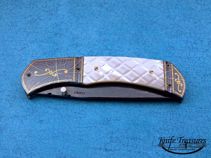Custom Folding-Bolster, Liner Lock, Robert Egerling Damascus, Chequered Mother Of Pearl Knife made by Jerry Corbit