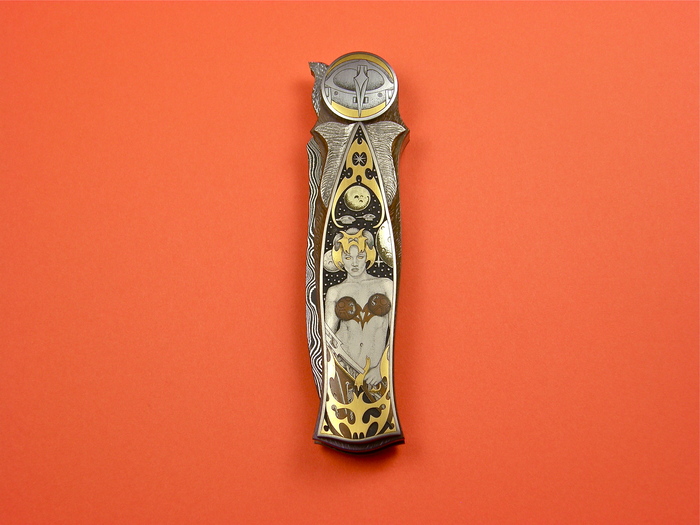 Custom Folding-Inter-Frame, Liner Lock, Rain Drop Damascus, Titanium Knife made by David Broadwell