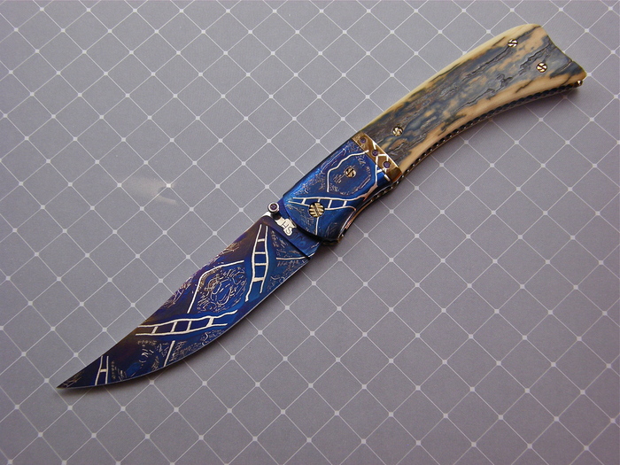 Custom Folding-Bolster, Liner Lock, Blued damascus by Maker, Fossilized Mammoth Knife made by Josh Smith