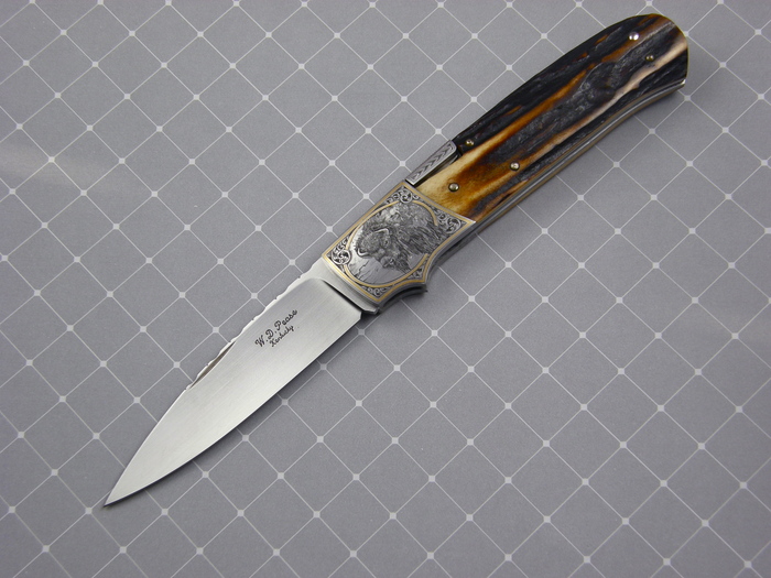 Custom Folding-Bolster, Side Lock, ATS-34 Steel, Amber Stag Knife made by Bill  Pease