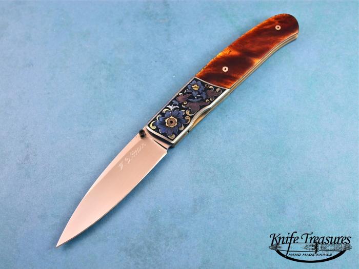 Custom Folding-Bolster, Liner Lock, ATS-34 Stainless Steel, Amber Scales Knife made by Bill  Pease