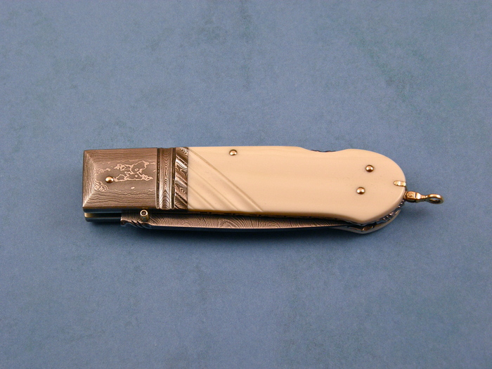 Custom Folding-Bolster, Lock Back, Damascus Steel by Maker, Fosilized Mammoth Knife made by Barry Davis