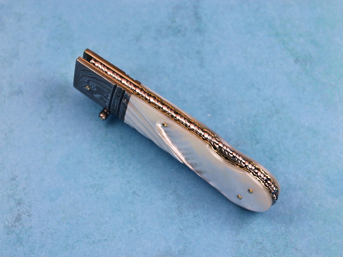 Custom Folding-Bolster, Lock Back, Damascus Steel by Maker, Fluted Mother Of Pearl Knife made by Barry Davis