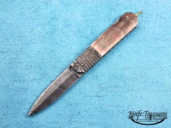 Custom Folding-Bolster, Lock Back, Damascus Steel by Maker, Black Lip Pearl Knife made by Barry Davis