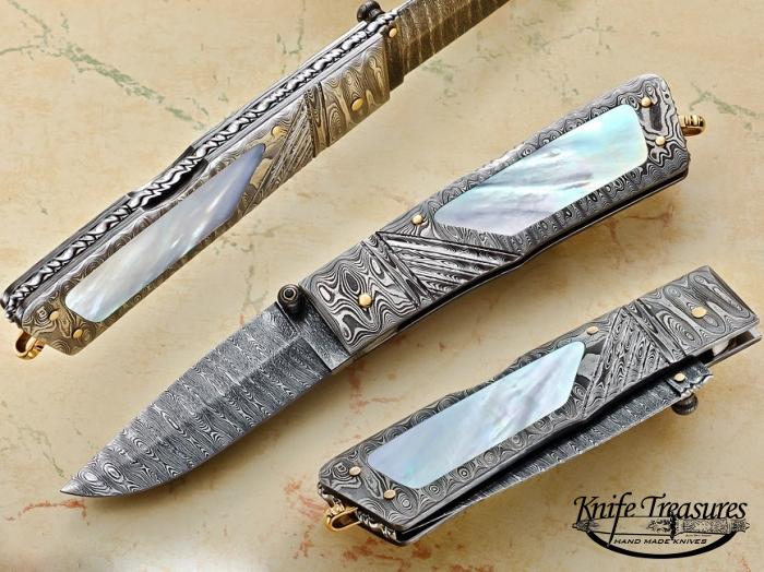 Custom Folding-Inter-Frame, Mid-Lock, Twist Pattern Damascus by Maker, Mother Of Pearl Knife made by Barry Davis