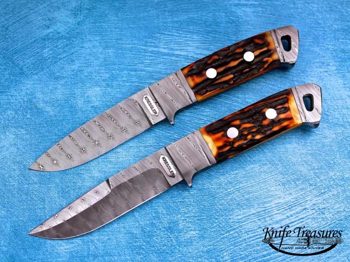 Custom Fixed Blade, N/A, Stainless Damascus Steel, Amber Stag Knife made by Dietmar Kressler