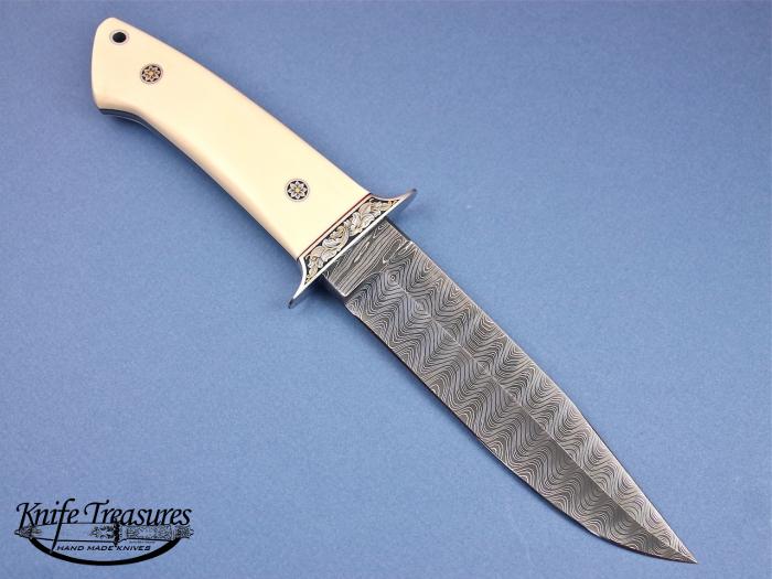 Custom Fixed Blade, N/A, Devin Thomas Ladder Pattern Damascus, Antique Ivory Knife made by Thad Buchanan