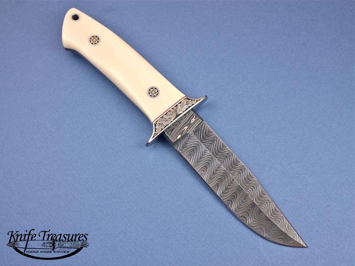 Custom Fixed Blade, N/A, Devin Thomas Ladder Pattern Damascus, Antique Ivory Knife made by Thad Buchanan