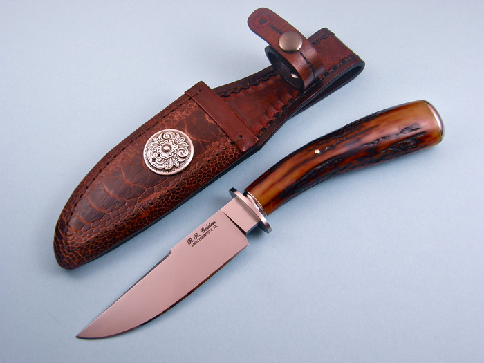 Custom Fixed Blade, N/A, CPM-154cm, Amber Stag Knife made by Randy Golden