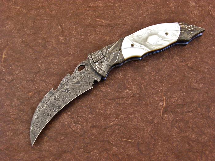 Custom Folding-Bolster, Liner Lock, Damascus Steel, Carved Mother Of Pearl Knife made by Reese Weiland