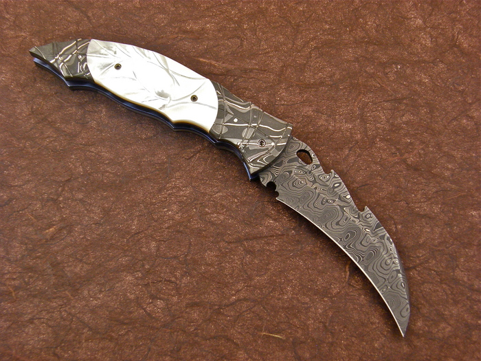 Custom Folding-Bolster, Liner Lock, Damascus Steel, Carved Mother Of Pearl Knife made by Reese Weiland