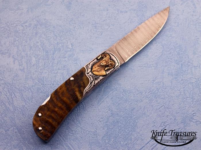 Custom Folding-Bolster, Lock Back, Damascus Steel, Sheep Horn Knife made by Eldon Peterson