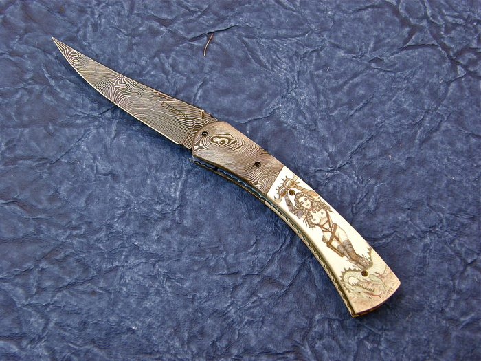 Click to make larger Custom Folding-Bolster, Liner Lock, Damascus Steel, Fosilized Mammoth Knife made by J Etzler