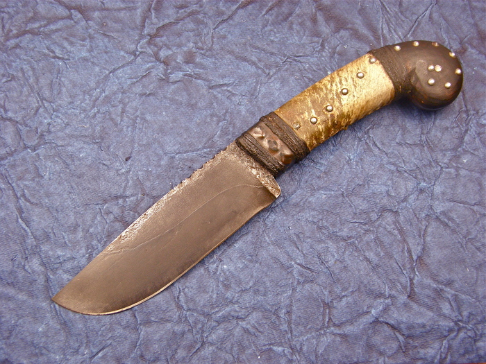 Custom Fixed Blade, N/A, Forged 1086 Carbon Steel, Curly Maple wrapped in rawhide with tacks Knife made by Daniel  Winkler