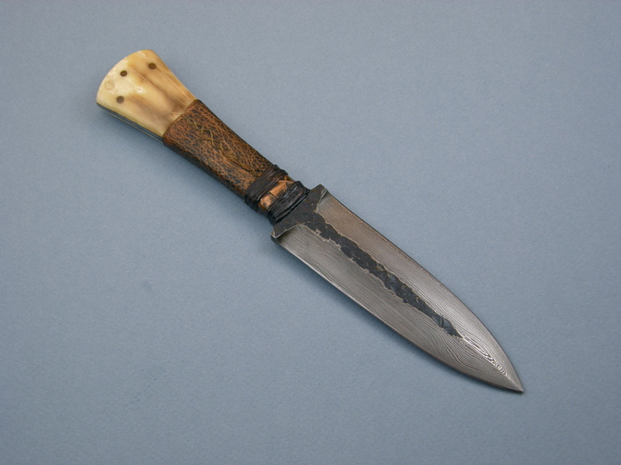 Custom Fixed Blade, N/A, Damascus Steel by Maker, Walrus Ivory W/Frog Skin Wrap Knife made by Daniel  Winkler
