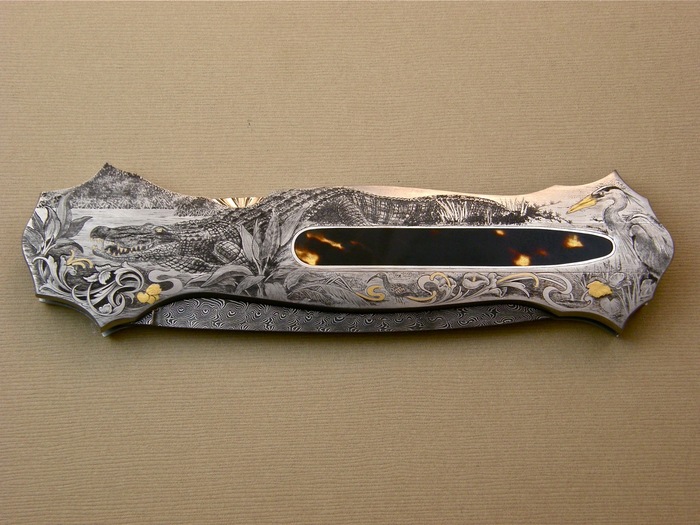 Custom Folding-Inter-Frame, Lock Back, Jerry RadosTurkish Damascus, Exotic Scales--Double Pocket Locket Knife made by Joe Kious