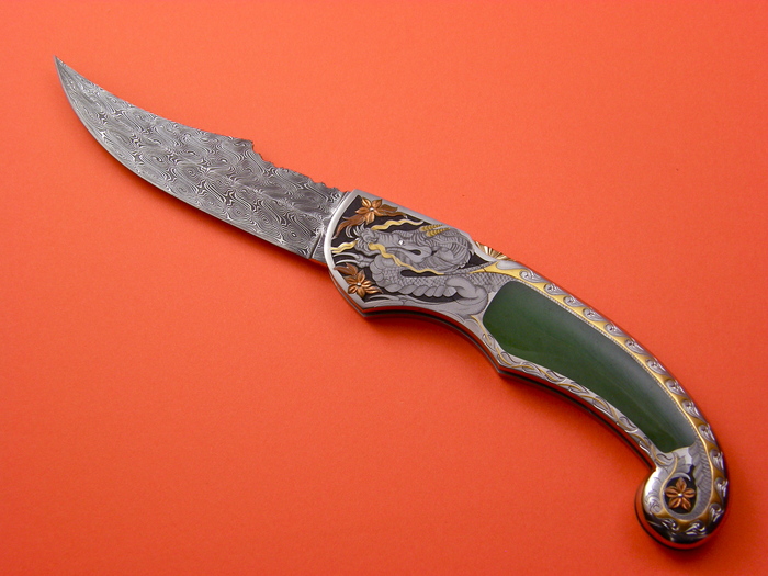 Custom Folding-Inter-Frame, Lock Back, Jerry Rados Turkish Twist Damascus, Green Apple Jade Knife made by Joe Kious