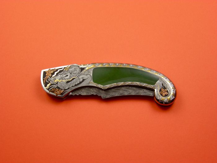 Custom Folding-Inter-Frame, Lock Back, Jerry Rados Turkish Twist Damascus, Green Apple Jade Knife made by Joe Kious