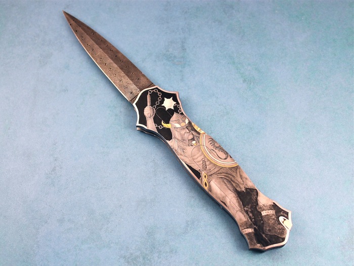 Custom Folding-Inter-Frame, Lock Back, Jerry Rados Turkish Twist Damascus, 416 Stainless Steel Knife made by Joe Kious
