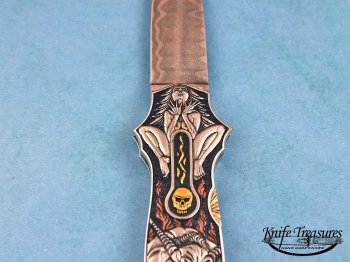Custom Folding-Inter-Frame, Lock Back, Mike Norris Ladder Pattern Damascus Steel, 416 Stainless Steel Knife made by Joe Kious