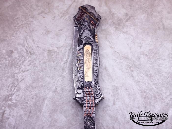 Custom Folding-Inter-Frame, Lock Back, Jerry Rados Turkish Twist Damascus, 416 Stainless Steel--Double Pocket Locket Knife made by Joe Kious