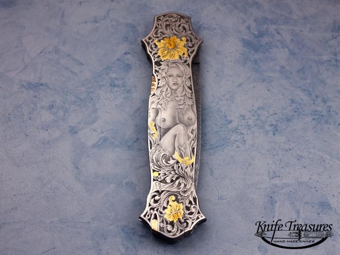 Custom Folding-Inter-Frame, Lock Back, Jerry Rados Turkish Damascus, 416 Stainless Steel Knife made by Joe Kious