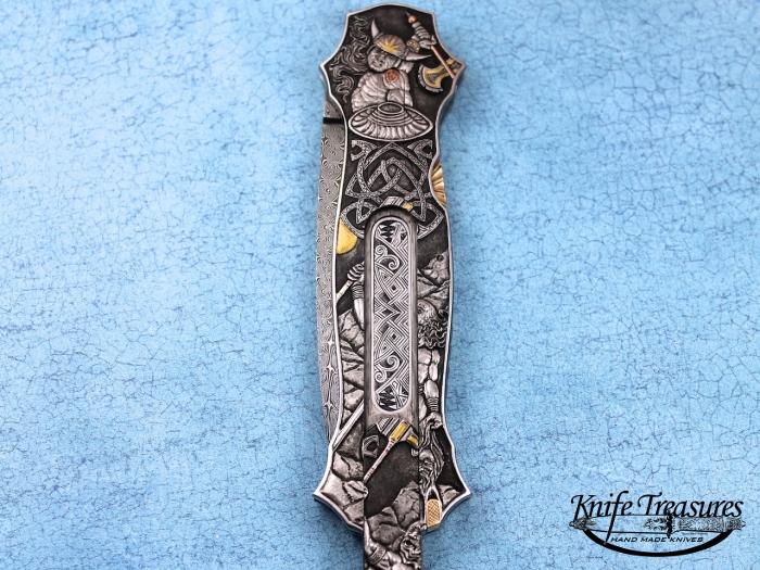 Custom Folding-Inter-Frame, Mid-Lock, Jerry Rados Turkish Damascus, 416 Stainless Steel Knife made by Joe Kious