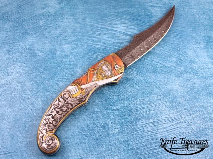 Custom Folding-Inter-Frame, Lock Back, Sharks Tooth Pattern Damascus, 416 Stainless Steel Knife made by Joe Kious