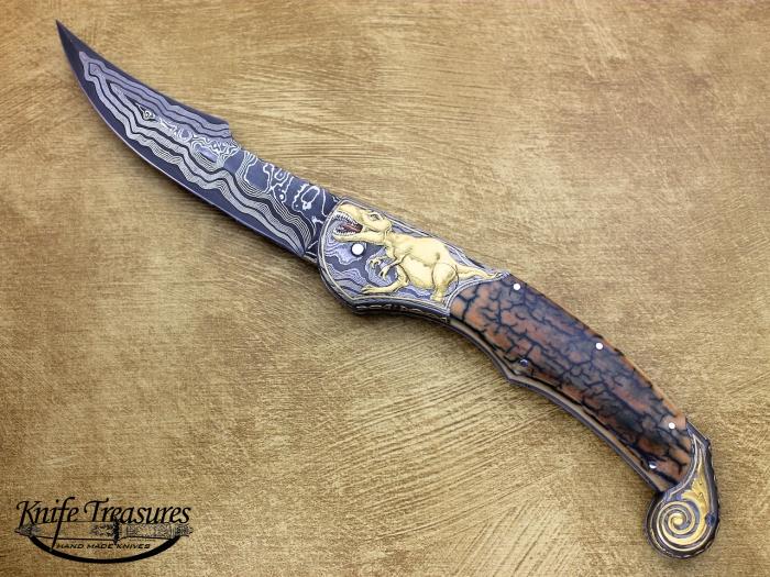 Custom Folding-Bolster, Mid-Lock, Mike Norris Stainless Damascus, Fossilized Mammoth Knife made by Joe Kious