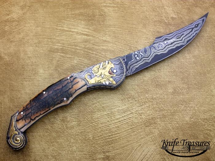 Custom Folding-Bolster, Mid-Lock, Mike Norris Stainless Damascus, Fossilized Mammoth Knife made by Joe Kious