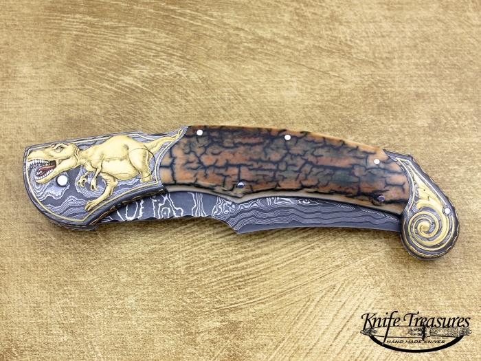 Custom Folding-Bolster, Mid-Lock, Mike Norris Stainless Damascus, Fossilized Mammoth Knife made by Joe Kious