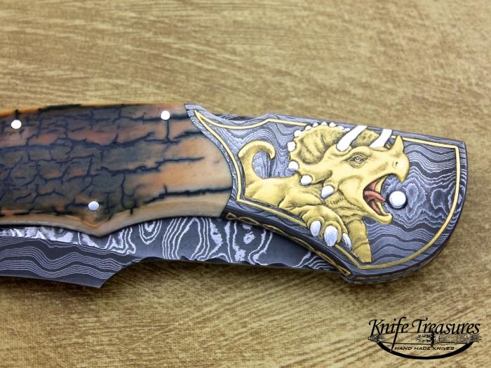 Custom Folding-Bolster, Mid-Lock, Mike Norris Stainless Damascus, Fossilized Mammoth Knife made by Joe Kious