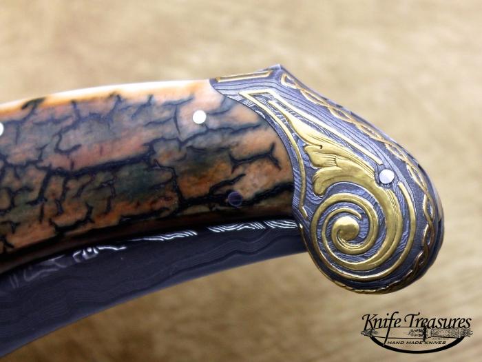 Custom Folding-Bolster, Mid-Lock, Mike Norris Stainless Damascus, Fossilized Mammoth Knife made by Joe Kious