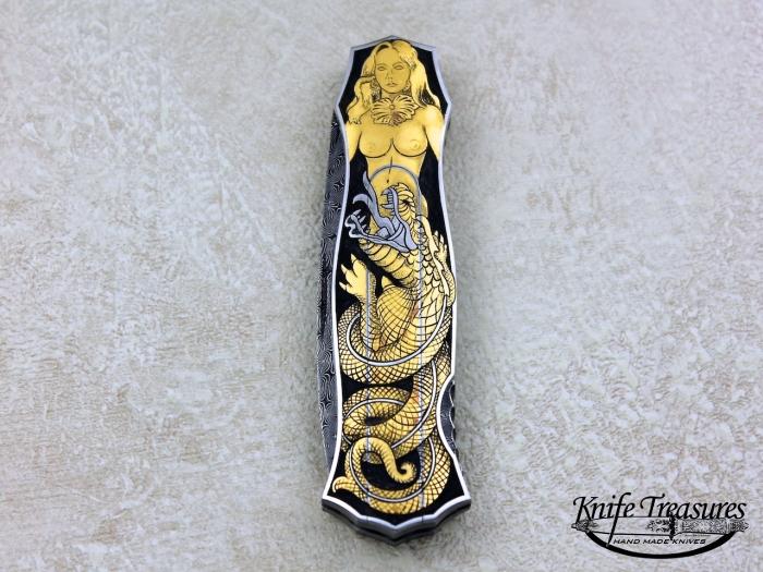 Custom Folding-Inter-Frame, Lock Back,  Jerry Rados Turkish Twist Damascus, 416 Stainless Steel Knife made by Joe Kious