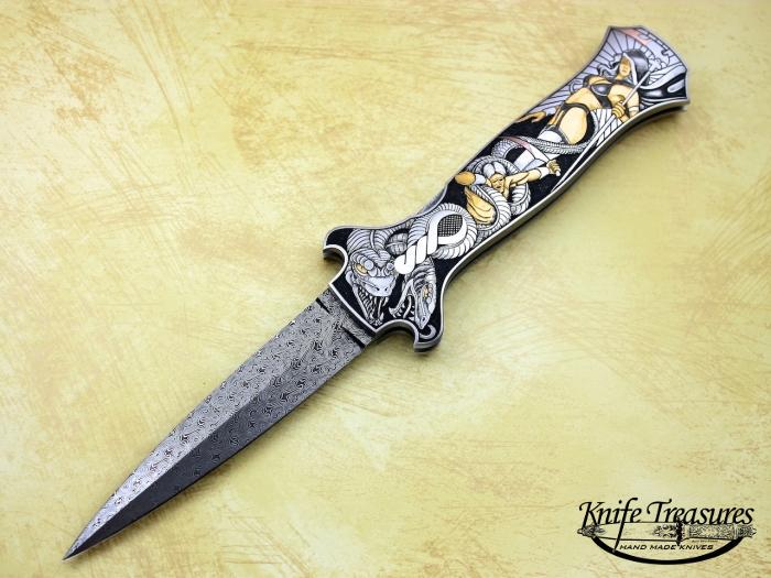 Custom Folding-Inter-Frame, Mid-Lock,  Jerry Rados Turkish Twist Damascus, 416 Stainless Steel Knife made by Joe Kious