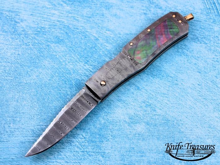 Custom Folding-Inter-Frame, N/A, Damascus Steel, Black Lip Pearl Knife made by Joe Kious
