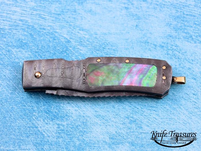 Custom Folding-Inter-Frame, N/A, Damascus Steel, Black Lip Pearl Knife made by Joe Kious