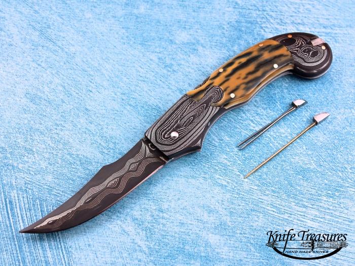 Custom Folding-Bolster, Mid-Lock, Damascus Steel, Fossilized Mammoth Knife made by Joe Kious