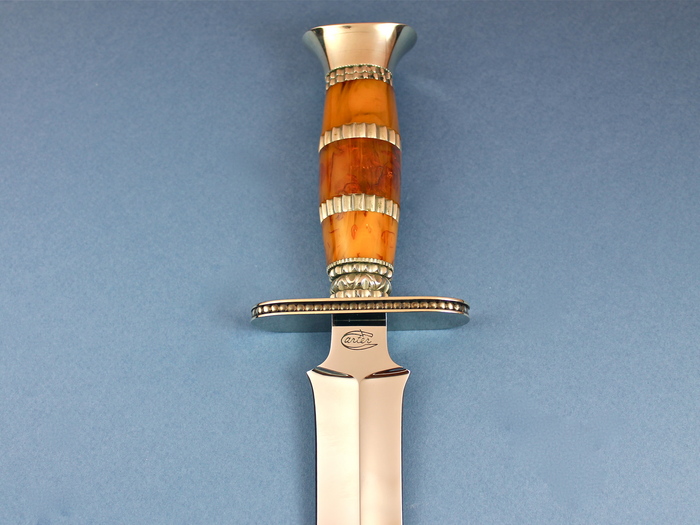 Custom Fixed Blade, N/A, ATS-34 Stainless Steel, Amber & Nickel Silver Rings Knife made by Fred Carter