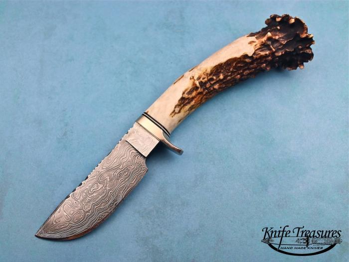 Custom Fixed Blade, N/A, Damascus Steel by Maker, Goblin Head Crown Stag Knife made by Larry Fuegen