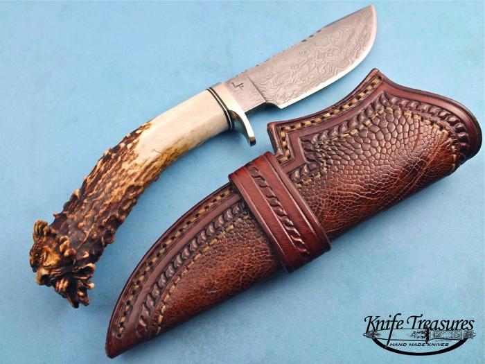 Custom Fixed Blade, N/A, Damascus Steel by Maker, Goblin Head Crown Stag Knife made by Larry Fuegen