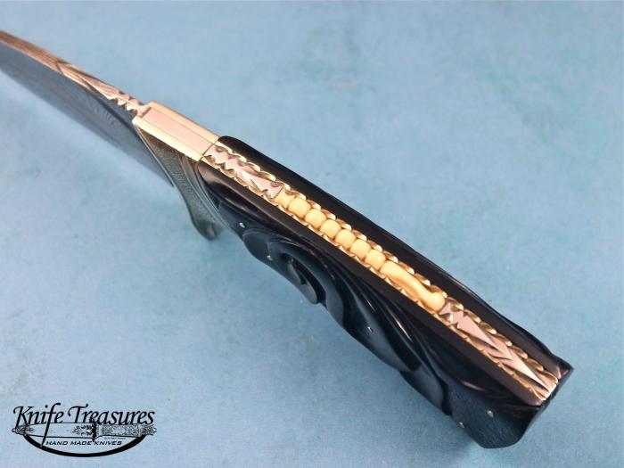 Custom Fixed Blade, N/A, Damascus Steel by Maker, Carved Ebony Wood Knife made by Larry Fuegen