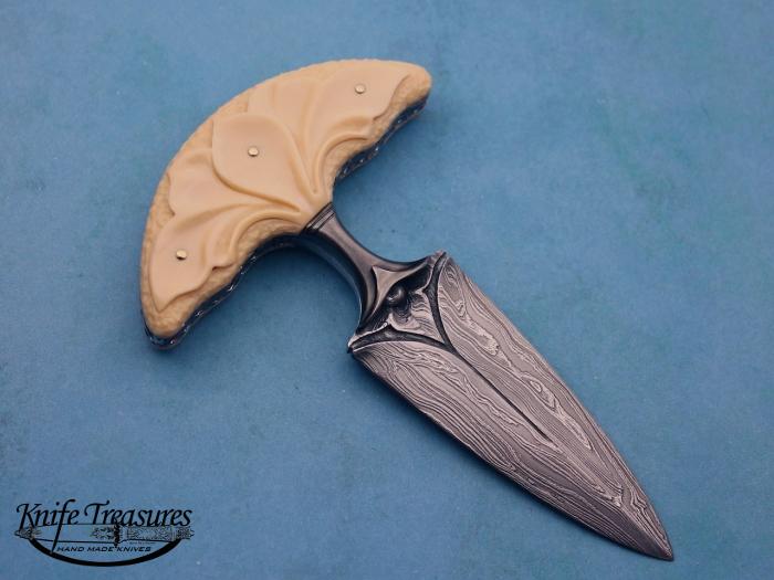 Custom Fixed Blade, N/A, Carved Damascus by Maker, Carved Fossilized Mammoth Knife made by Larry Fuegen