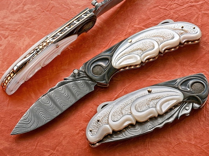 Custom Folding-Bolster, Lock Back, Fuegen Twist Pattern Damascus, Carved Mother Of Pearl Knife made by Larry Fuegen