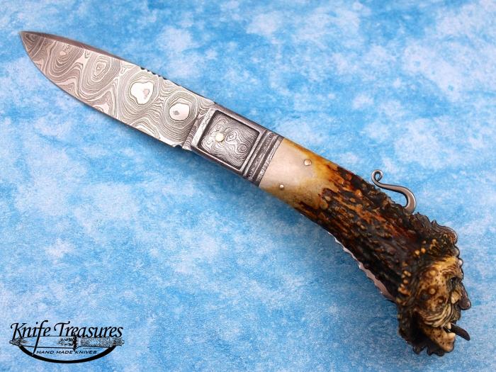 Custom Folding-Bolster, Lock Back, Ladder Pattern Damascus By Maker, Carved Crown Stag Knife made by Larry Fuegen