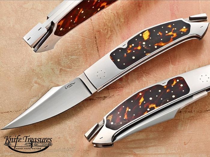 Custom Folding-Inter-Frame, Tail Lock, ATS-34 Stainless Steel, Amber Knife made by Emmanuel Esposito